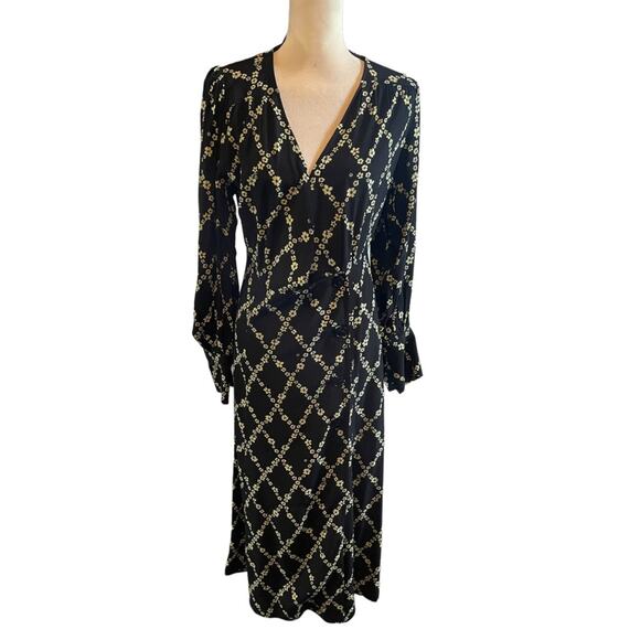 Ganni Long Sleeve Dress Plunging Neckline Black Floral Wrap Size 6 - Picture 4 of 10